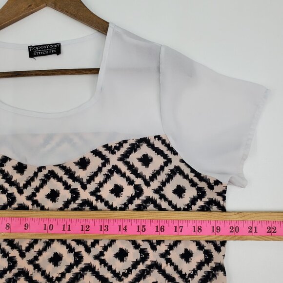 Womens M Black White Aztec Geometric Blouse Sheer Overlay Boho Festival Top - Picture 10 of 12